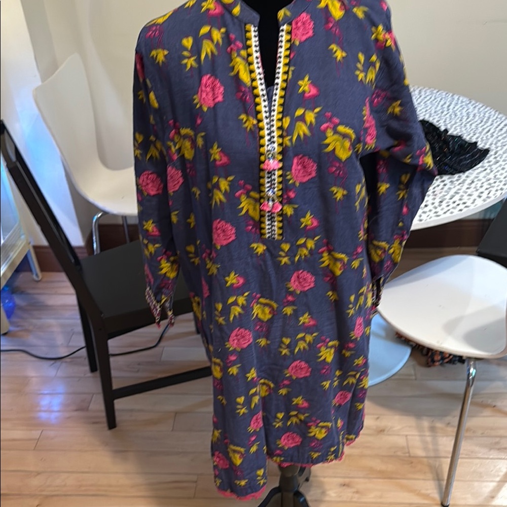 Casual Pink and Blue Long Sleeve Dress with Mandarin Collar